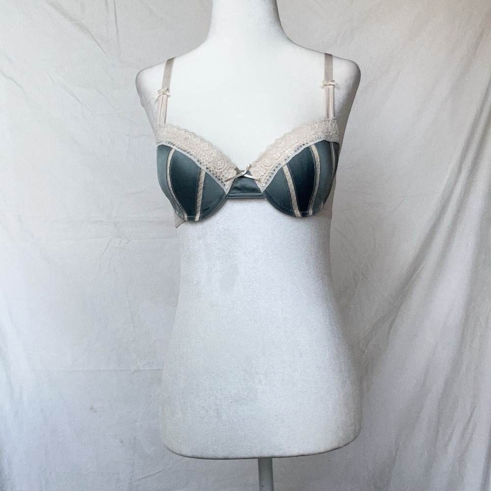 2000s Marilyn Monroe Blue Silk Lace Up Bra 34B Y2K Coquette Romantic Ditsy